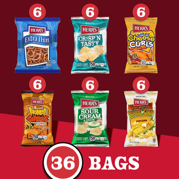 Herrs Snacks Variety Pack, Potato Chips, Pretzels, Popcorn, Cheese Curls, 1Oz Bag (36 Count)