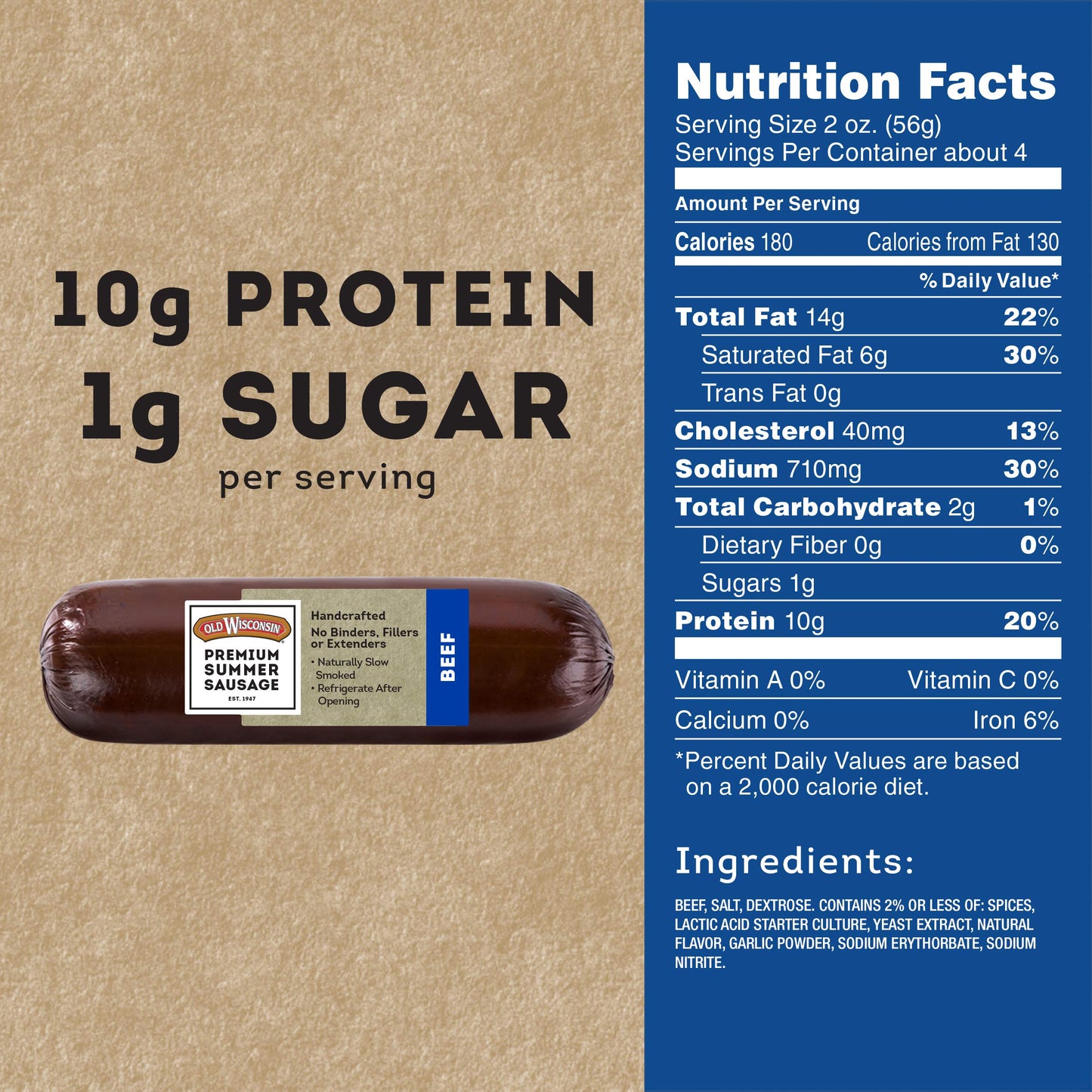 Old Wisconsin Premium Summer Sausage, 100% Natural Meat, Charcuterie, Ready To Eat, High Protein, Low Carb, Keto, Gluten Free, B