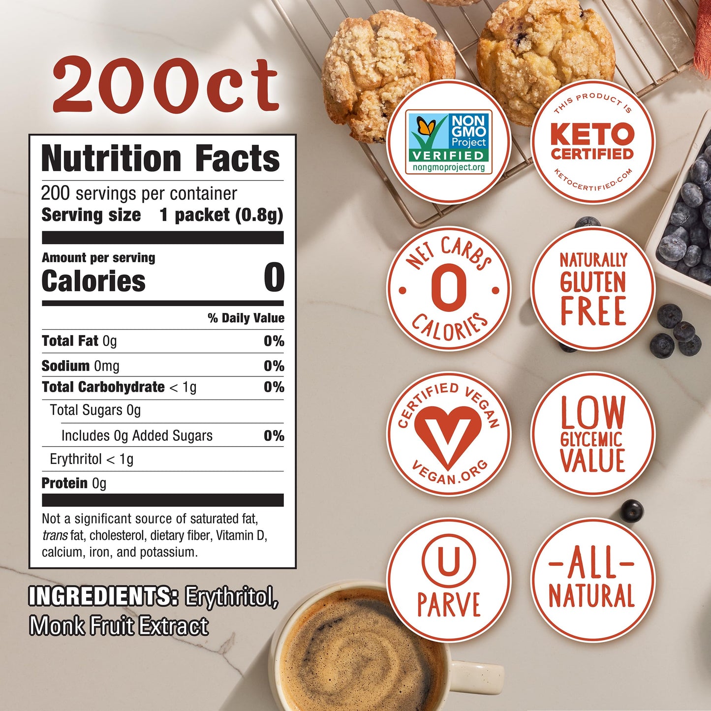 Monk Fruit In The Raw Sweetener Packets, 200 Ct, Keto Certified Monk Fruit Sweetener Packets, Zero Calories, Zero Net Carbs, Non