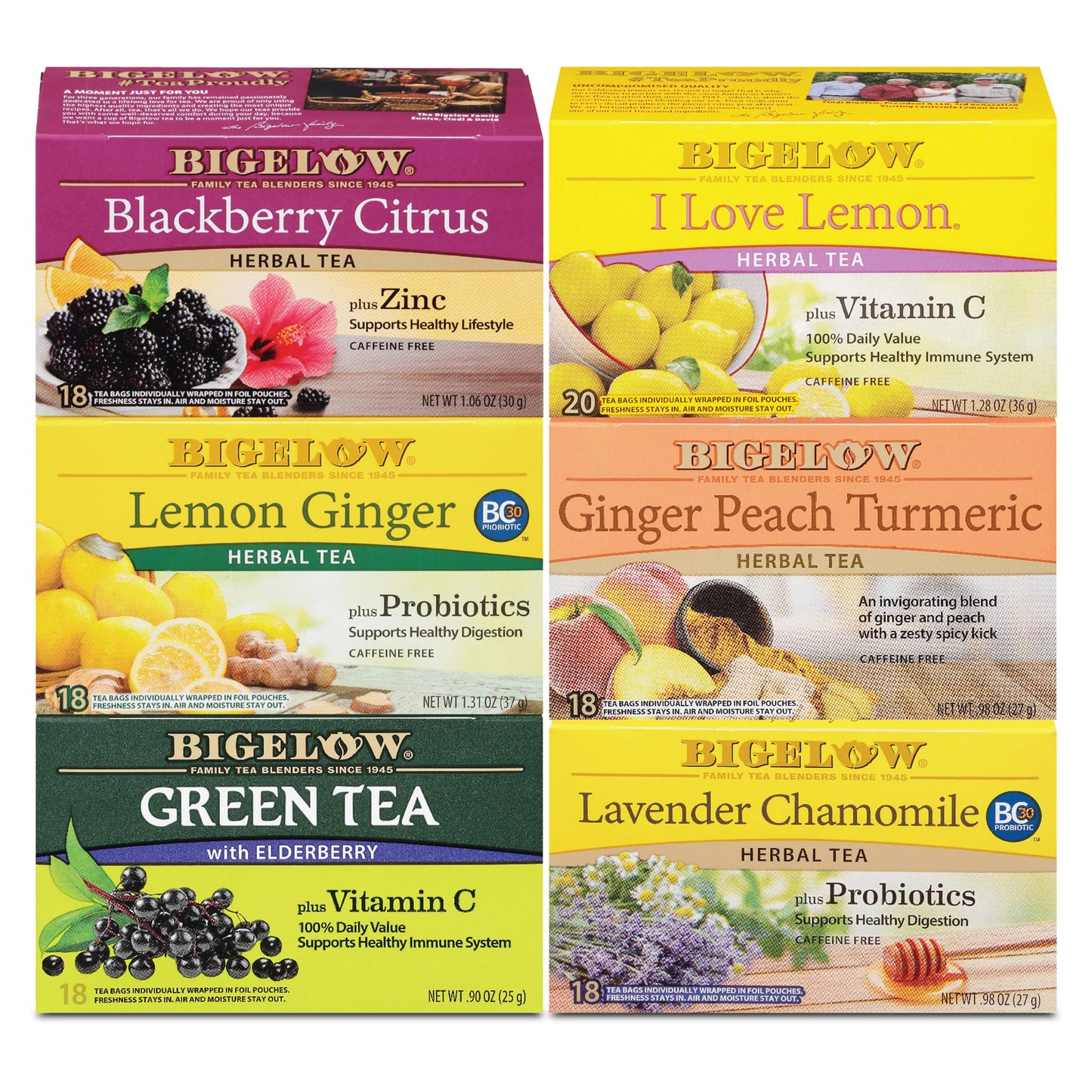Bigelow Tea Immunity Herbal Tea Variety Pack, Caffeinated & Caffeine Free, Pack of 6, Assorted, 110 Total Tea Bags