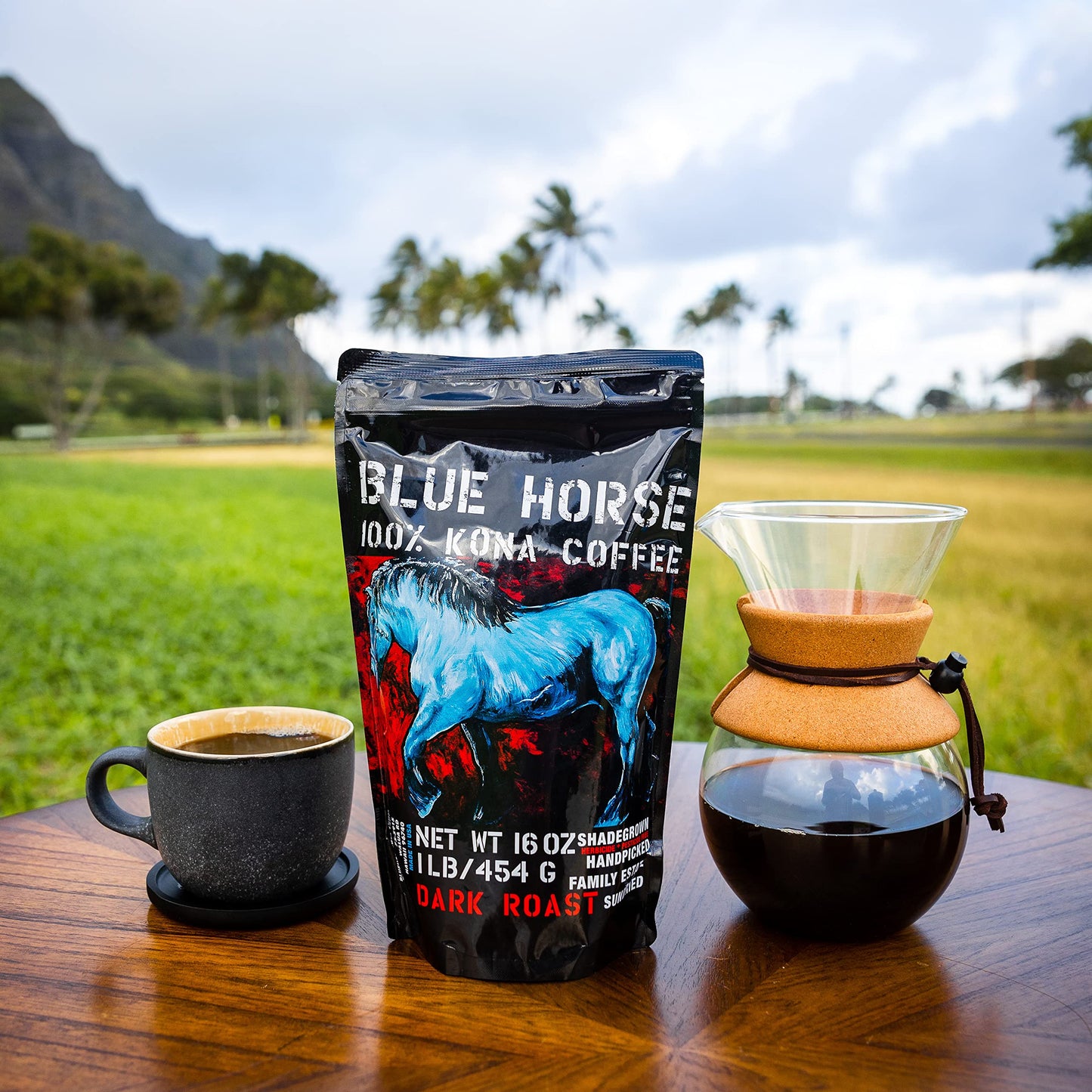 Blue Horse 100% Kona Coffee, Dark Roast, Arabica Whole Beans, 1 Lb (16 Oz) Bag, Farm Fresh, Authentic Hawaiian Coffee Beans From