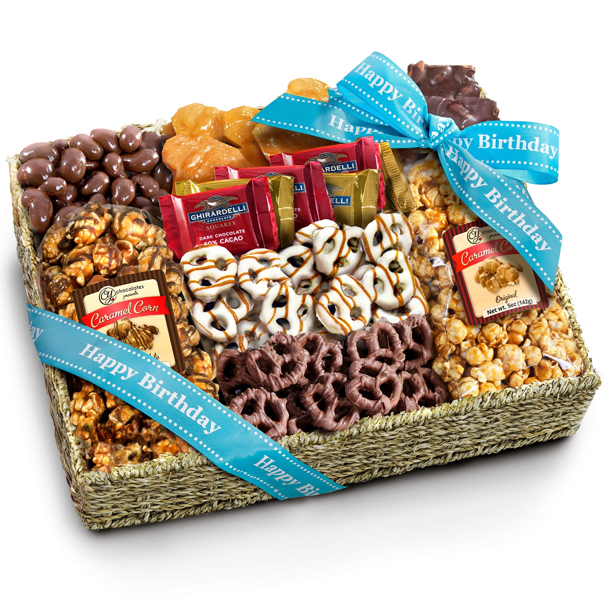 A Gift Inside Birthday Chocolate Caramel And Crunch Grand Gift Basket With Snacks, Pretzels, Ghirardelli And Chocolate-Covered N