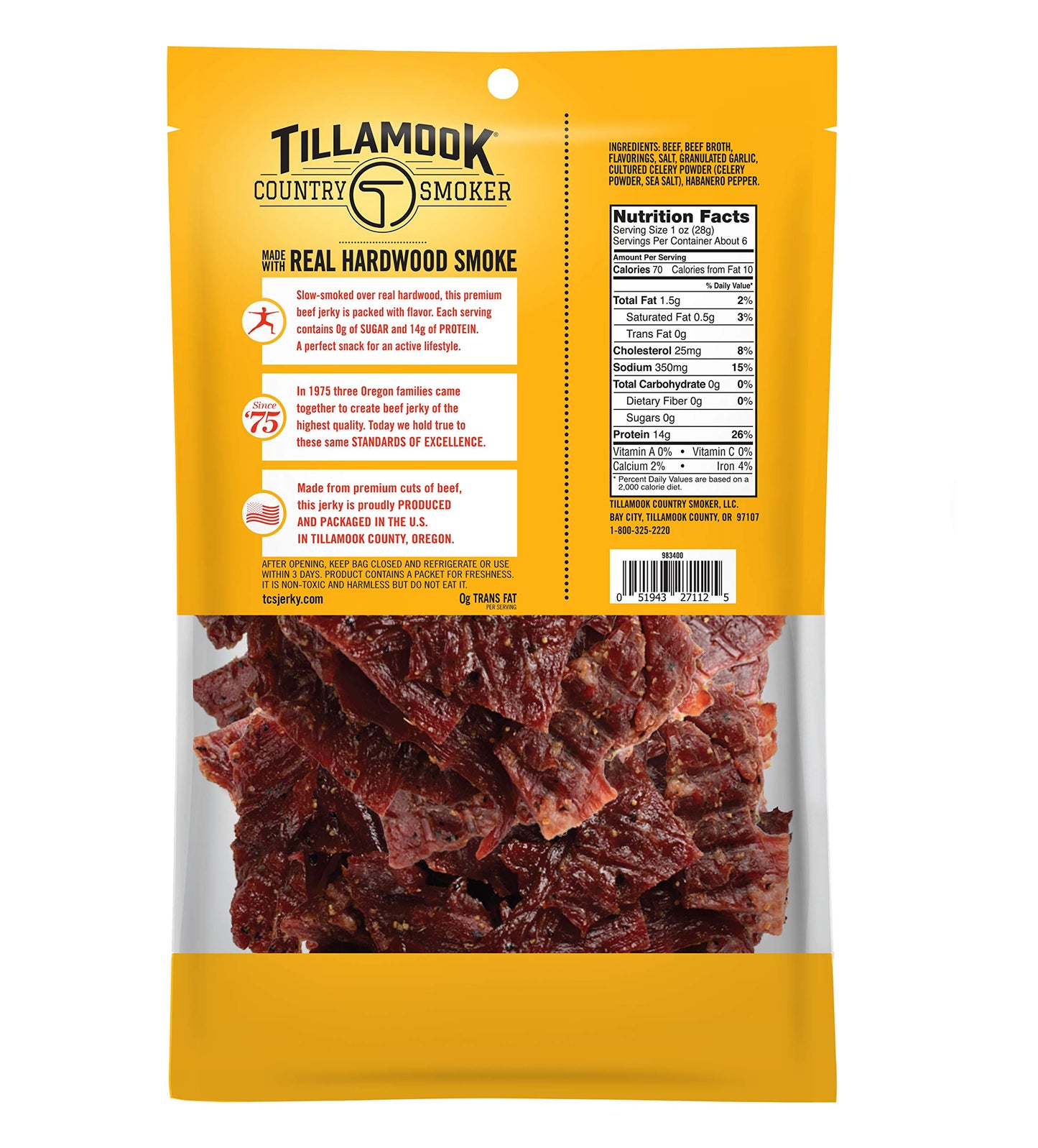 TILLAMOOK COUNTRY SMOKER Beef Jerky, Keto Friendly, Zero Sugar, Hot & Spicy, 6.5 Ounce