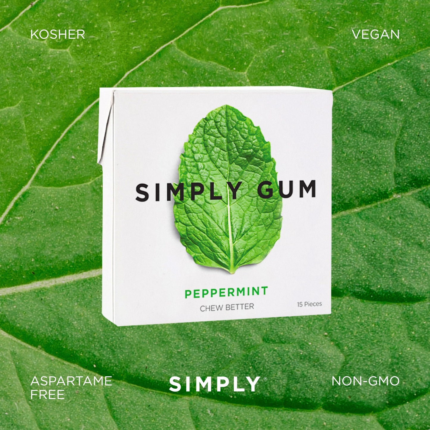 Simply Gum | Peppermint | Plant- Based Chewing Gum | Pack Of Six (90 Pieces Total) | Synthetic Plastic Free + Aspartame Free + Non Gmo