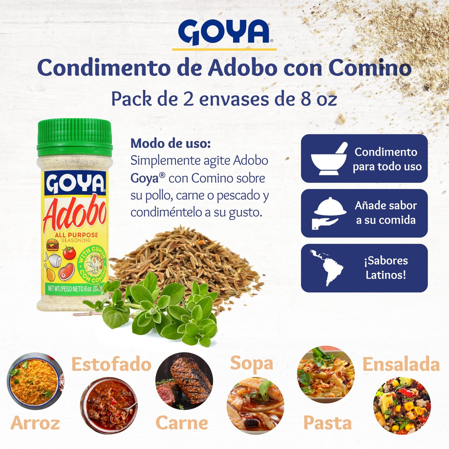 Adobo All Purpose Seasoning with Cumin by Goya, Poultry, Seafood, Meat, and Vegetable Seasoning, Fat Free and Calorie Free Latin