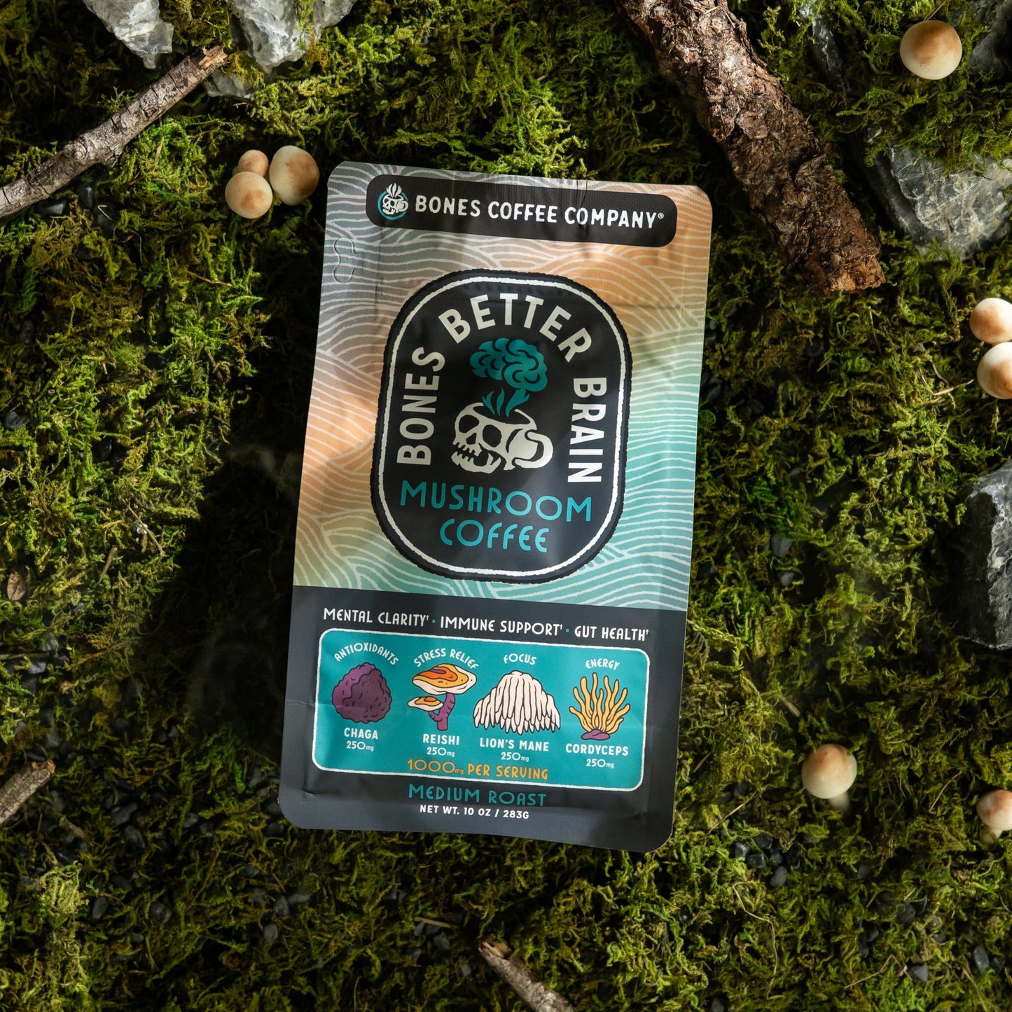 Bones Coffee Company Better Brain Mushroom Coffee Medium Roast Low Acid Arabica Coffee with Mushroom Blend for Energy  Focus  Digestion and Immunity Support  Vegan & Keto-Friendly  10 oz Ground