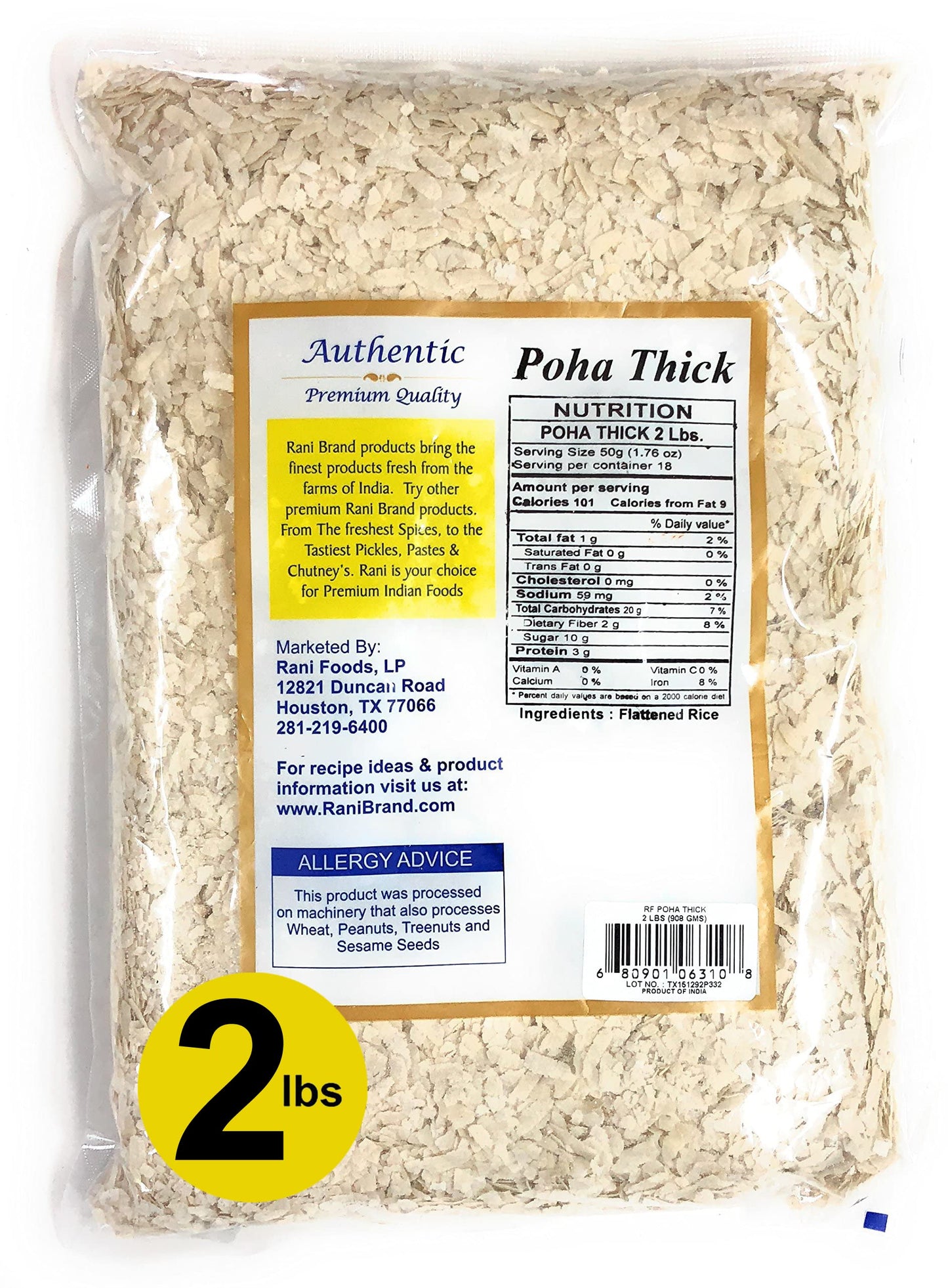 Rani Poha (Powa) Thick Medium-Cut (Flattened Rice) 32Oz (2Lbs) 908G ~ All Natural, Salt-Free | Vegan | Kosher | No Colors | Gluten Friendly | Indian Origin