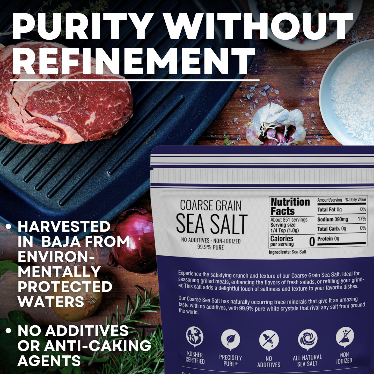 Coarse Sea Salt for Grinder Refill, Coarse Grain Kosher, Non-Iodized Unrefined Baja Salt for Cooking, Mineral-Rich, 30 oz Bag