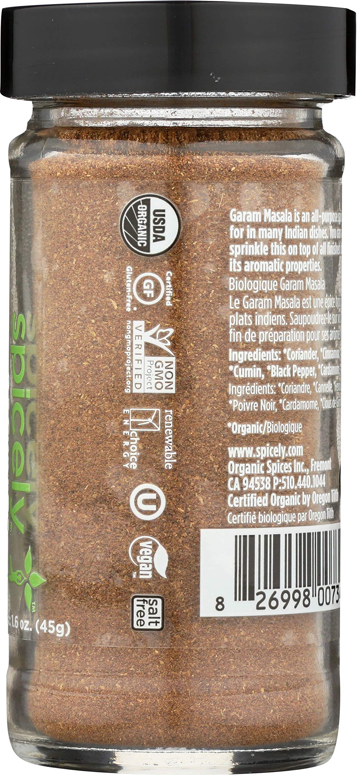 Spicely Organics Seasoning Garam Masala 1.60 Ounce Jar Certified Gluten Free