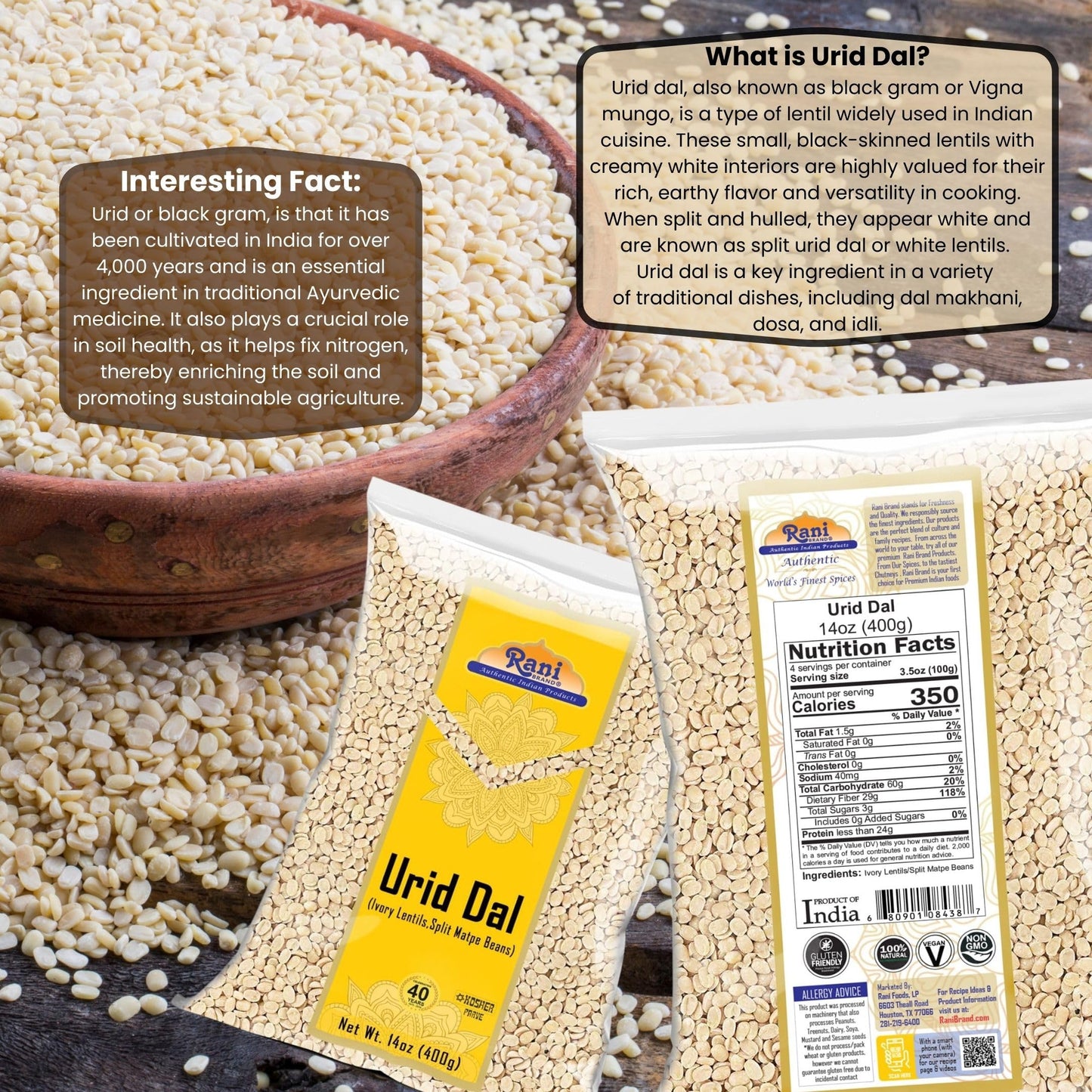 Rani Urid/Urad Dal (Split Matpe Beans Skinless) Indian Lentils 14Oz (400G) ~ All Natural | Gluten Friendly | Non-Gmo | Kosher |