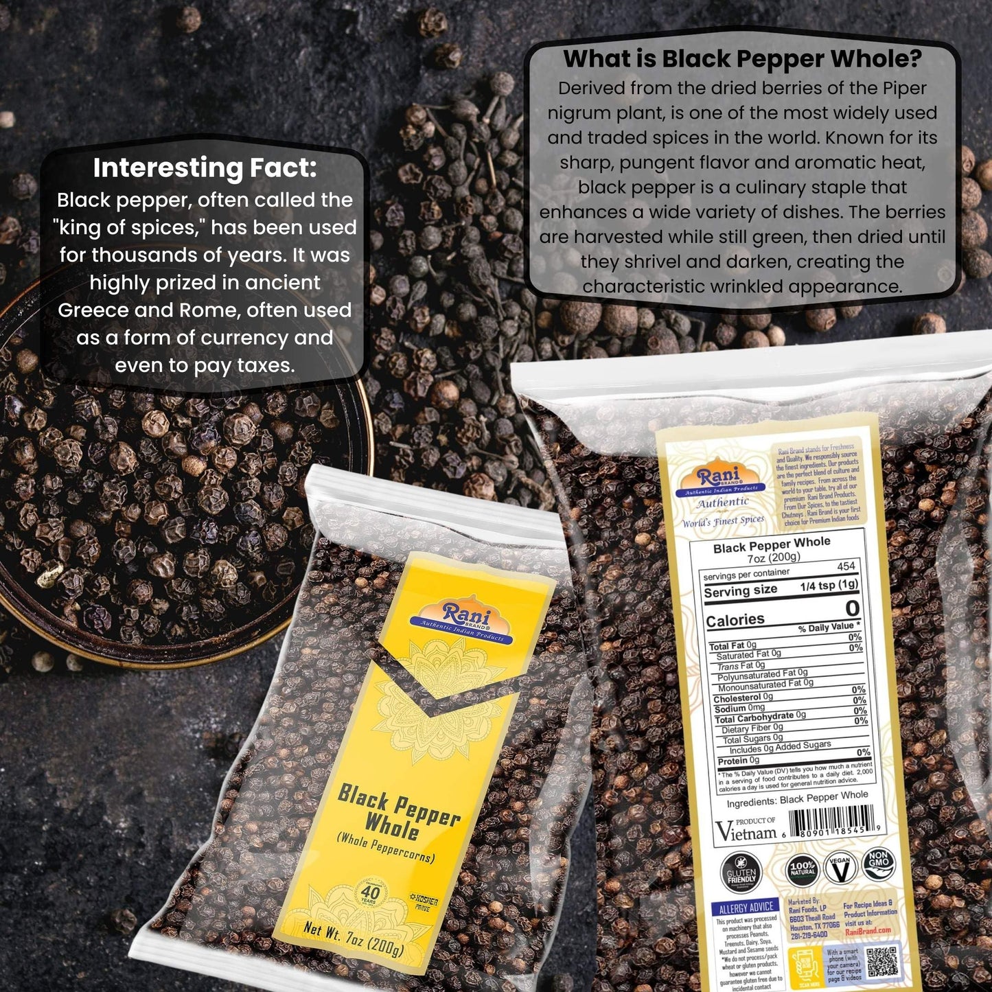 Rani Black Pepper Whole (Peppercorns), Premium Mg-1 Grade 7Oz (200G) ~ All Natural | Gluten Friendly | Non-Gmo | Kosher | Product Of Vietnam | Perfect Size For Grinders!