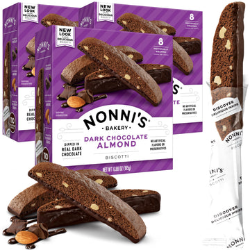 Nonnis Dark Chocolate Almond Biscotti Italian Cookies - 3 Boxes Dark Chocolate Cookies - Biscotti Individually Wrapped Cookies 