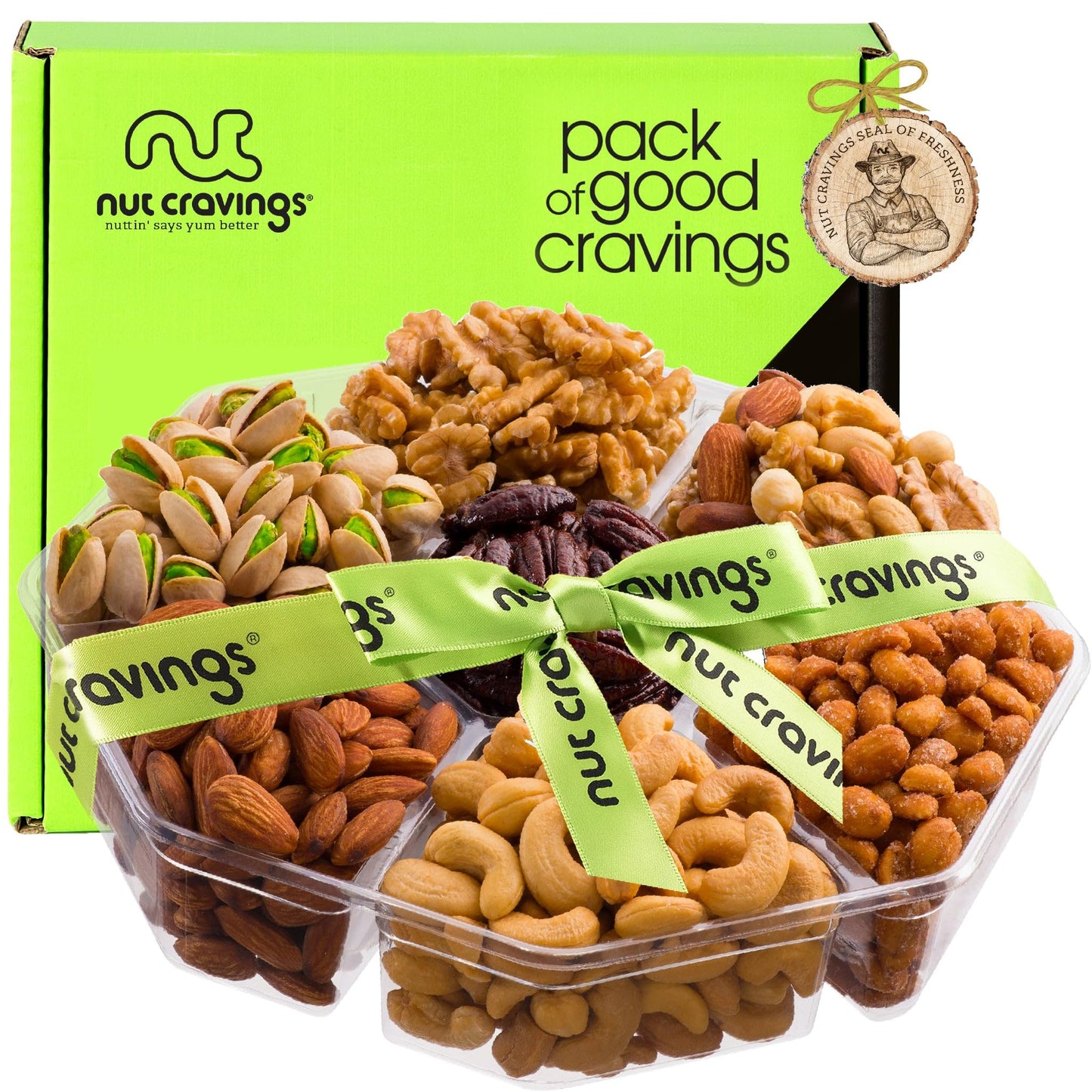 Nut Cravings Gourmet Collection - Rosh Hashana & Shana Tova Mixed Nuts Gift Basket + Green Ribbon (7 Assortments, 2.2 Lb) Arrang