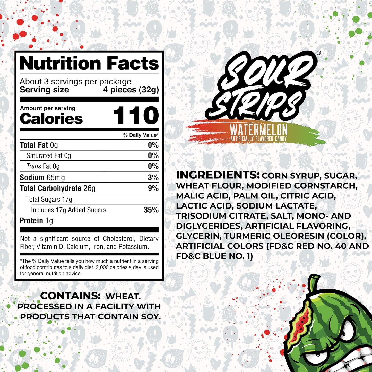 Sour Strips Flavored Sour Candy Strips, Deliciously Sour Chewy Candy Belts, Vegetarian Candies, 3 Pack (Watermelon (3-Pack))