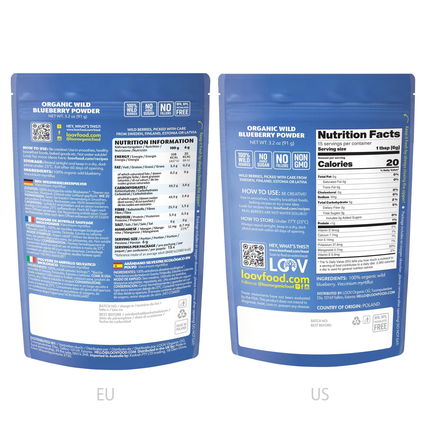 LOOV Organic Wild Blueberry Powder - 15-Day Supply, 3.2 Oz, Good for Smoothie & Breakfast, Freeze-Dried, from Northern Europe, N