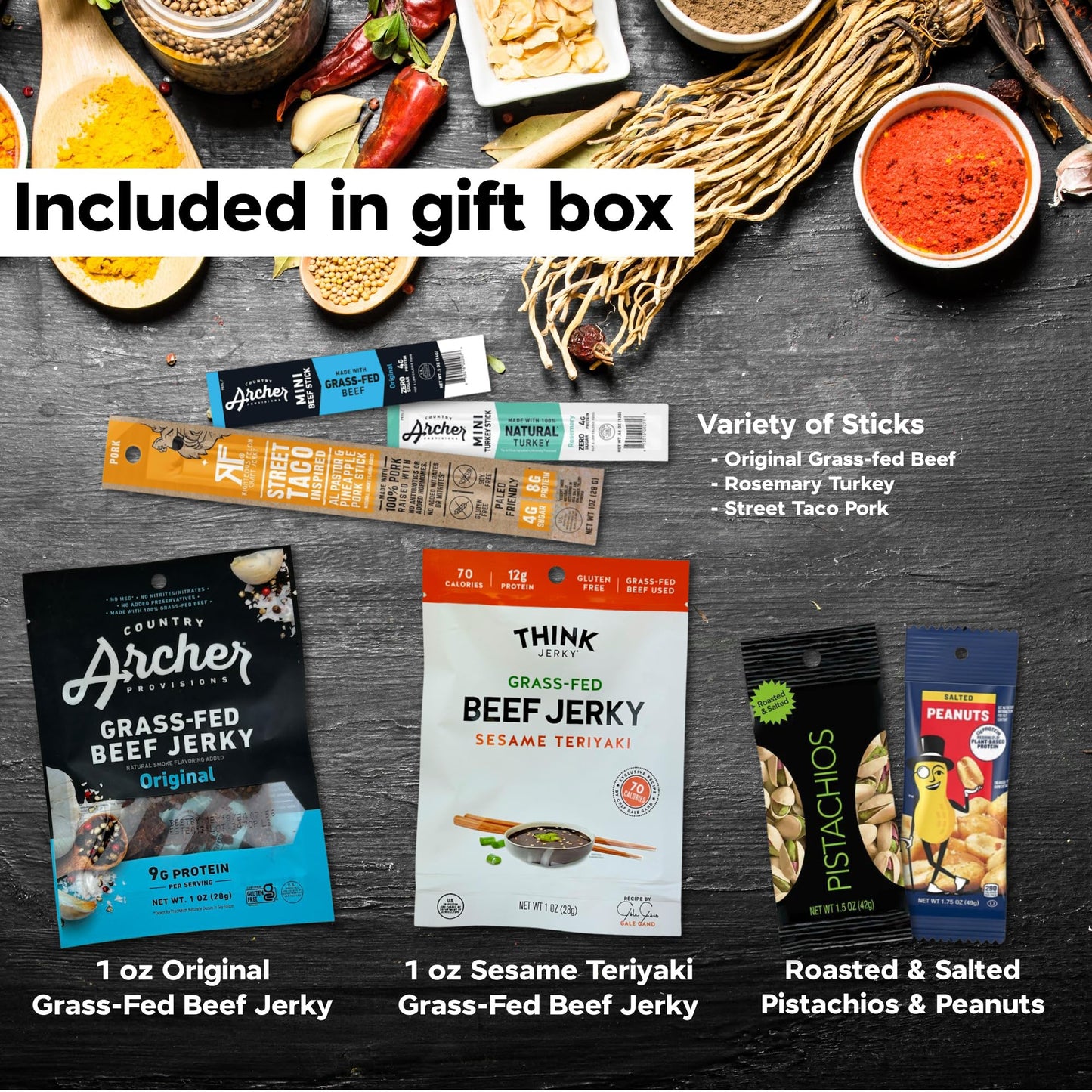 Manly Munch Box Jerky Gift Box, Curated Assortment Of High Protein Snacks, Beef & Turkey Jerky Variety Pack Gift Set, Exotic Mea