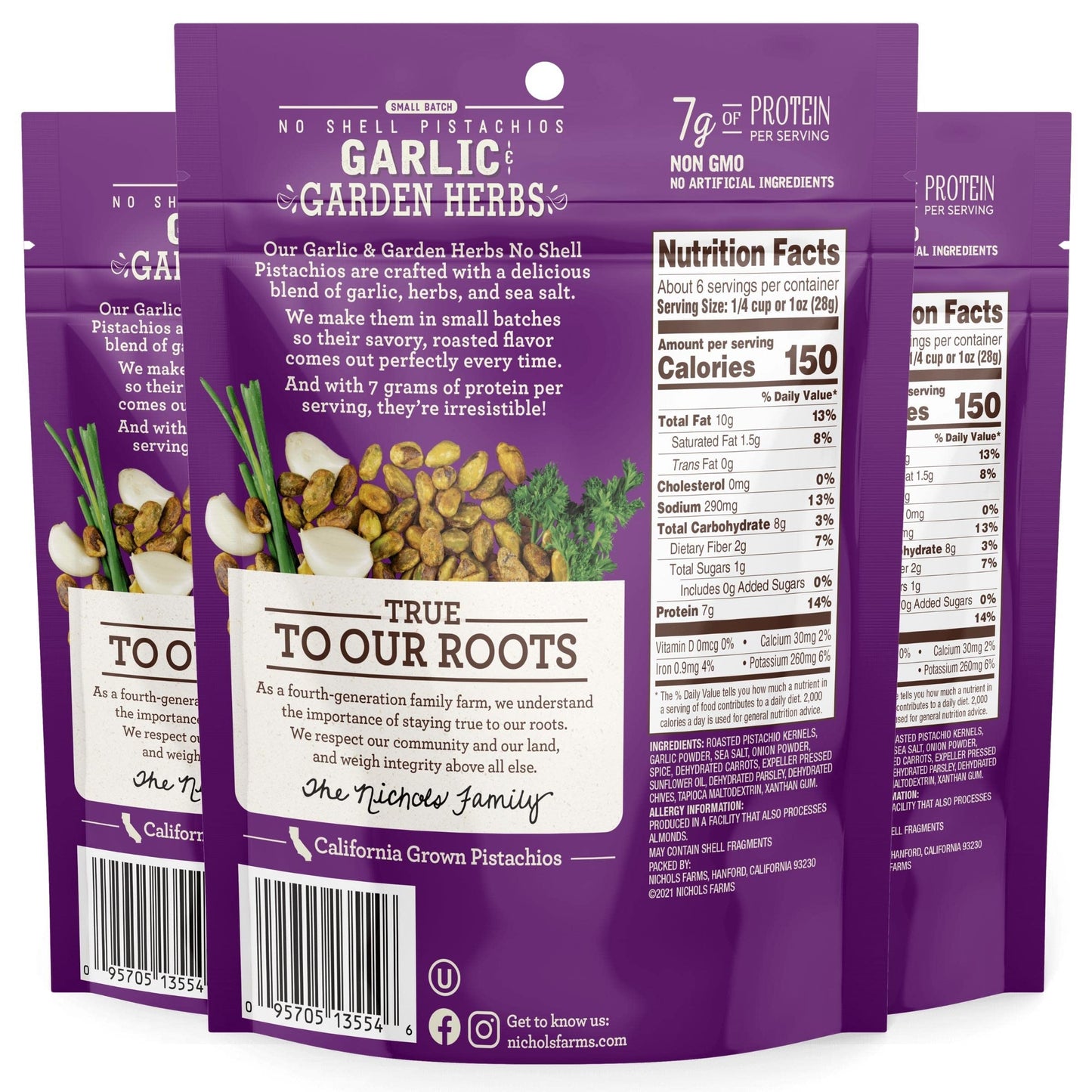Nichols Farms Roasted No Shell Pistachios - Garlic & Garden Herbs - 6oz (Pack of 3) - Non-GMO, California Grown Snack Packs