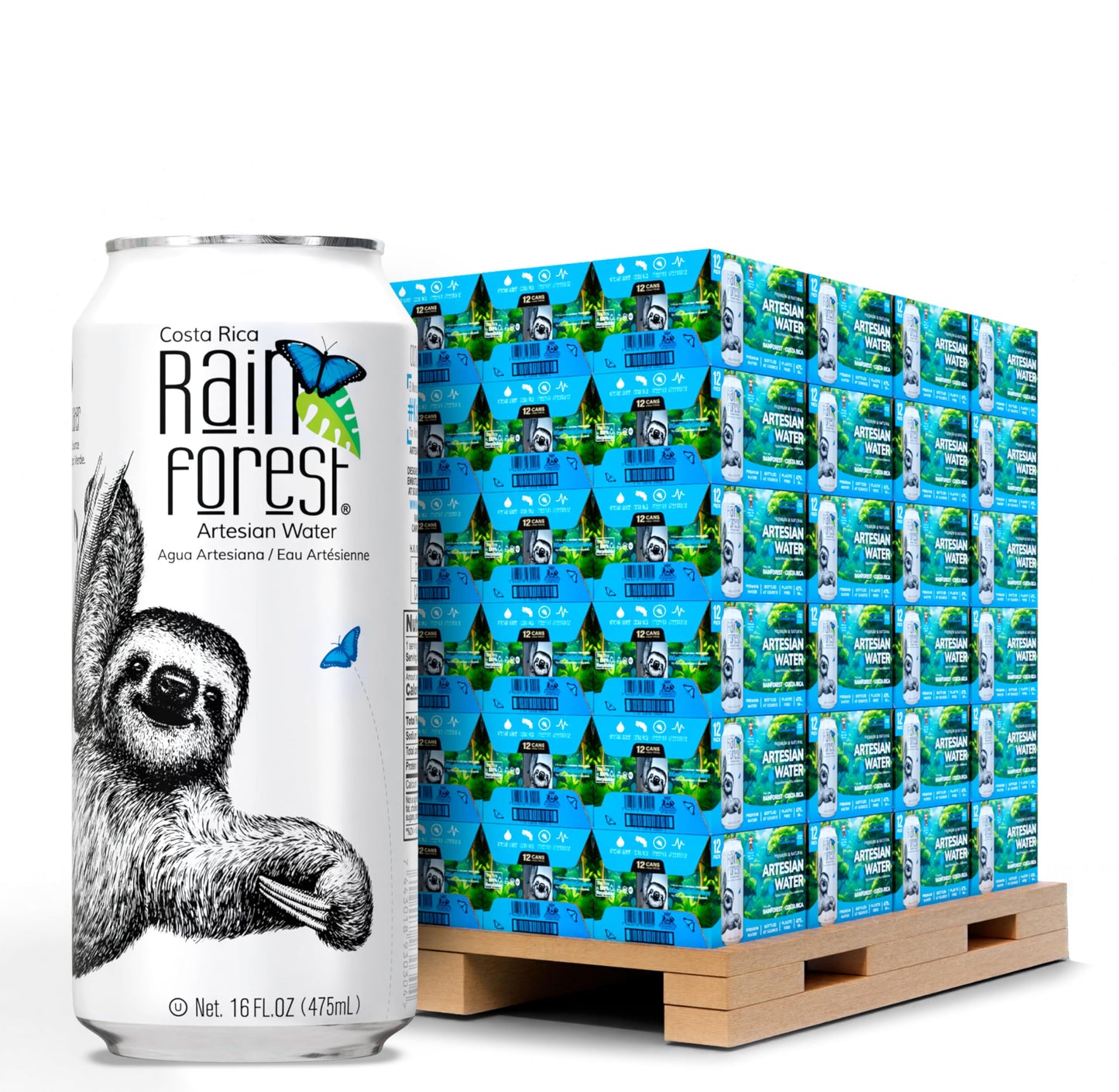 Rainforest Artesian Water  Costa Rica Pallet of 114 boxes - 1 368 Water Cans (475 mL / 16 oz Each) | Eco-Friendly & Sustainable Aluminum Packaging
