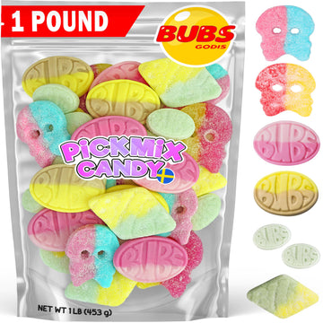 Swedish Candy Bubs Mix - 1 Pound Bag With 6 Flavor Variety, Sweet & Sour Skulls, Ovals & Tutti Frutti Rombs