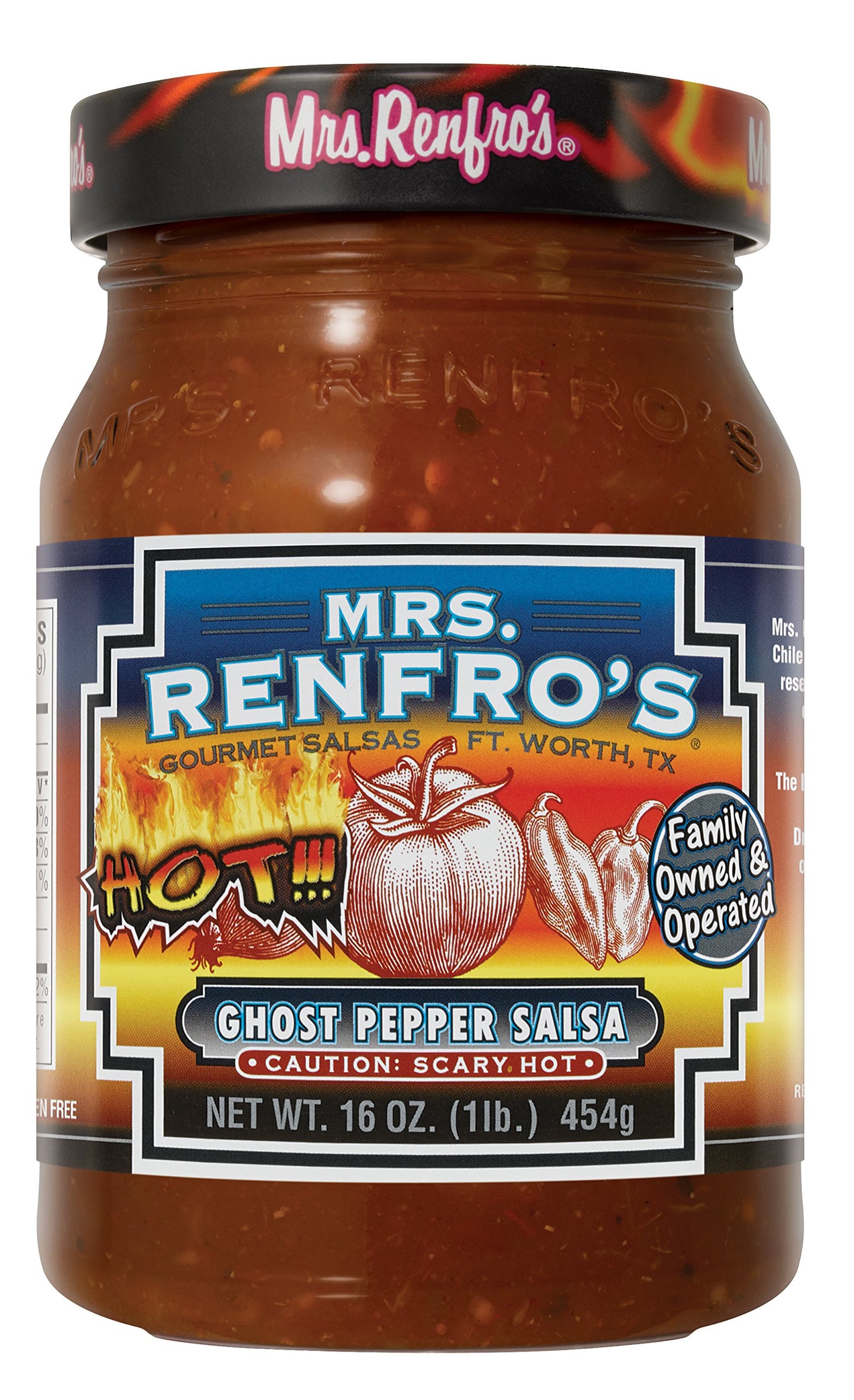 Mrs. Renfros Ghost Pepper Salsa, Gluten Free, No Added Sugar, 16 oz Jar, Pack of 2