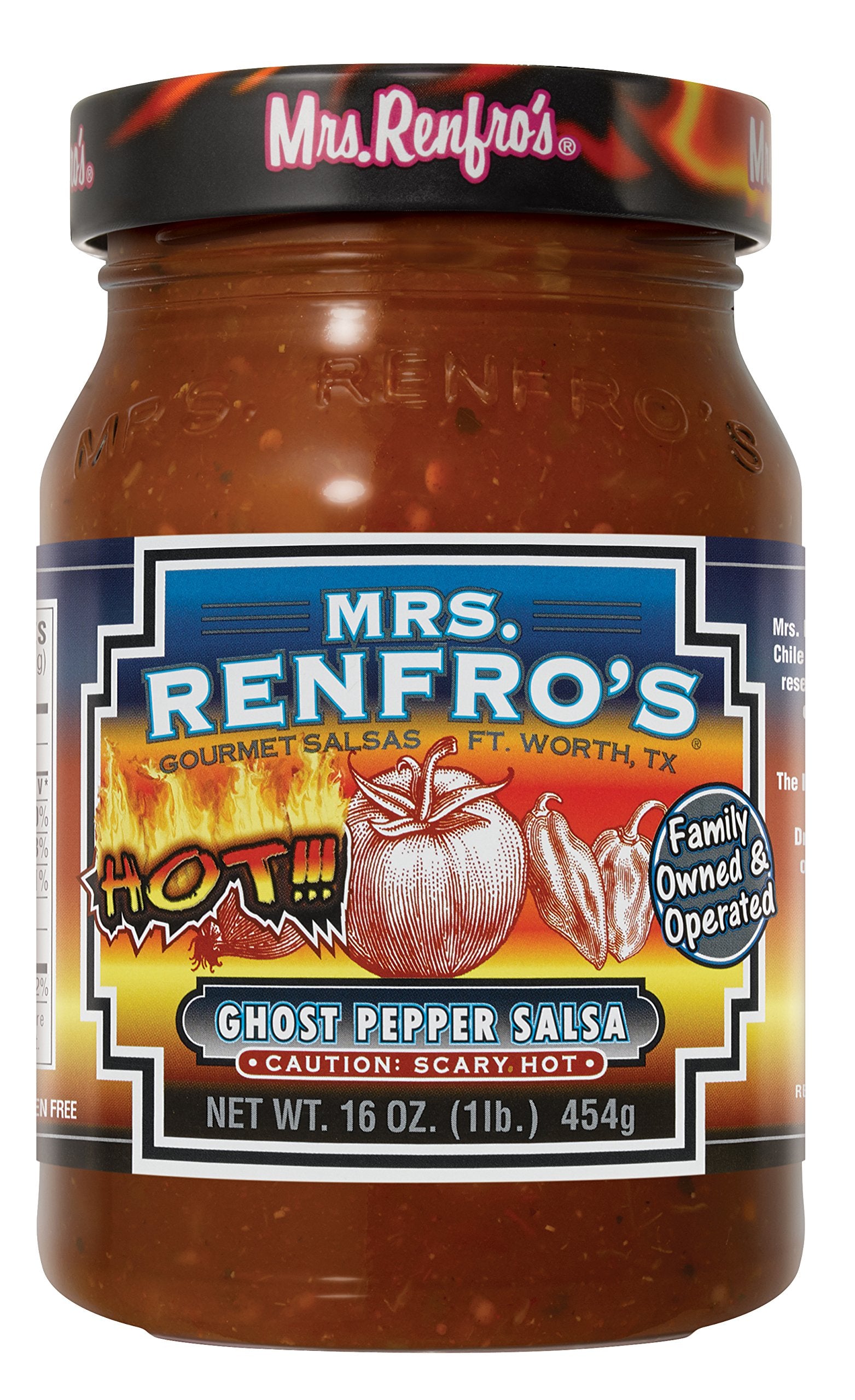 Mrs. Renfros Ghost Pepper Salsa, Gluten Free, No Added Sugar, 16 oz Jar, Pack of 2