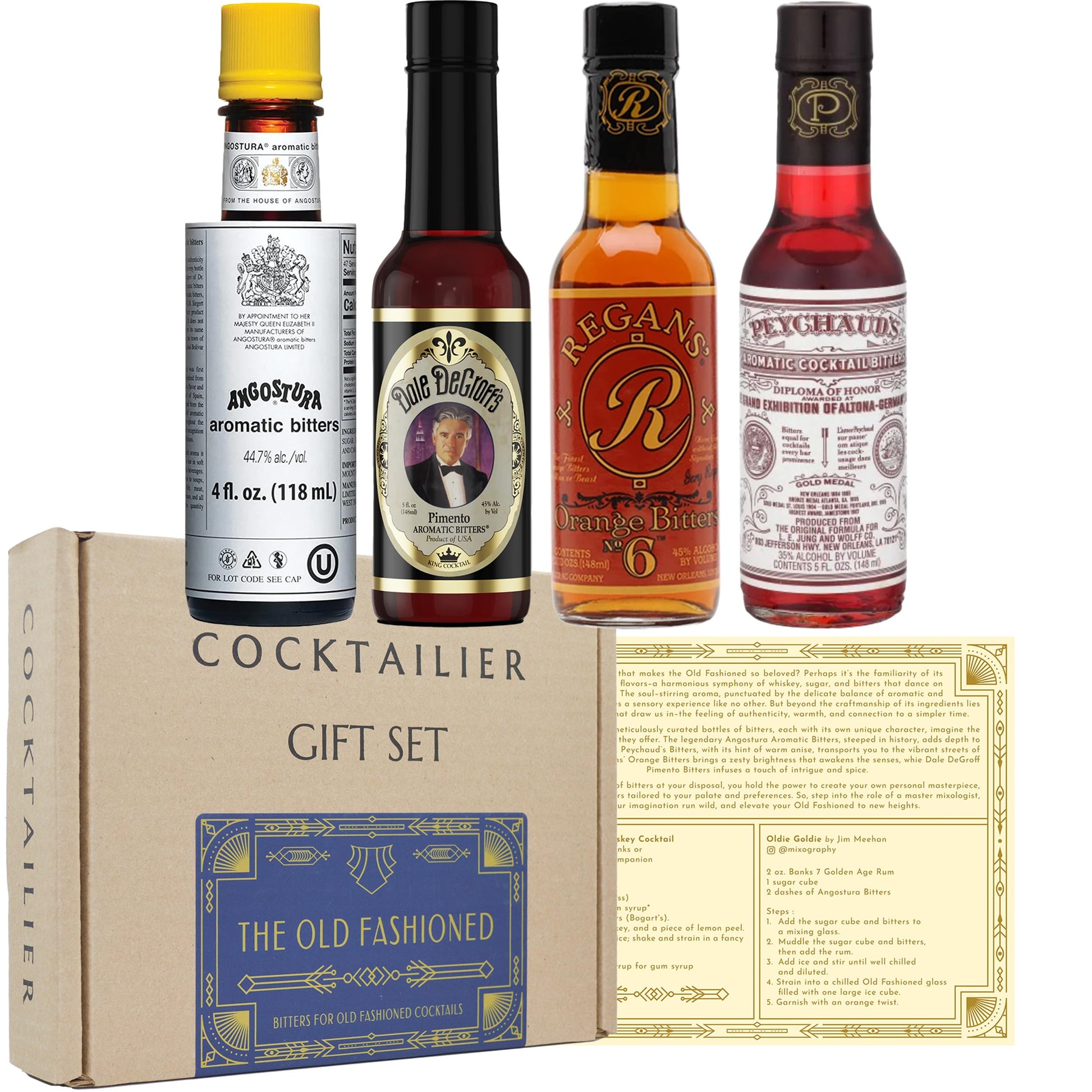 Cocktailier Aromatic Cocktail Bitters Gift Set | 4 Bottles: Angostura, Peychauds, Regans, Dale DeGroffs | Whiskey Bitters Sampler