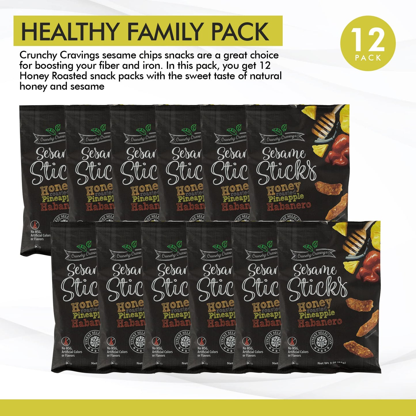 Crunchy Cravings Sesame Sticks, Honey Roasted Pineapple Habanero, 12-Pack of 3oz Snack Bags, Total 36oz