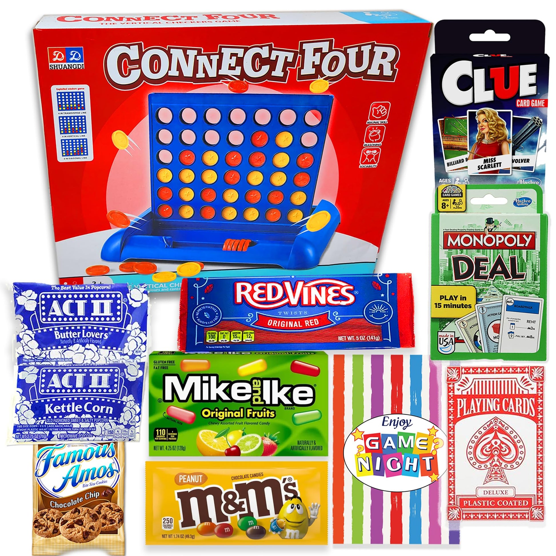 GAME NIGHT Gift basket for family, kids, teens & adults | Playing cards & classic games 4 in a row, Candy & snacks gift box for 