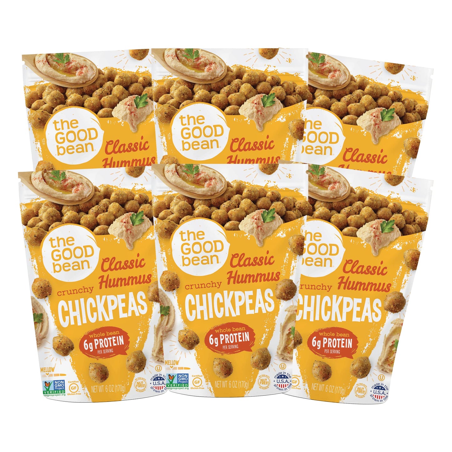 The Good Bean Crunchy Chickpeas - Classic Hummus - (6 Pack) 6 Oz Resealable Bag - Roasted Chickpea Beans - Vegan Snack With Good