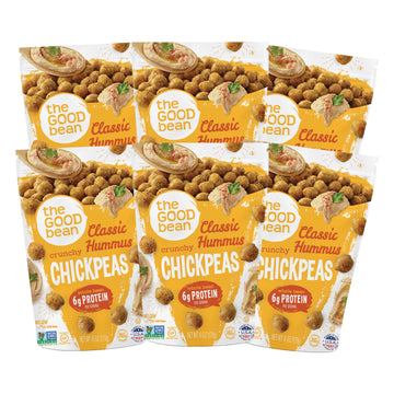 The Good Bean Crunchy Chickpeas - Classic Hummus - (6 Pack) 6 Oz Resealable Bag - Roasted Chickpea Beans - Vegan Snack With Good