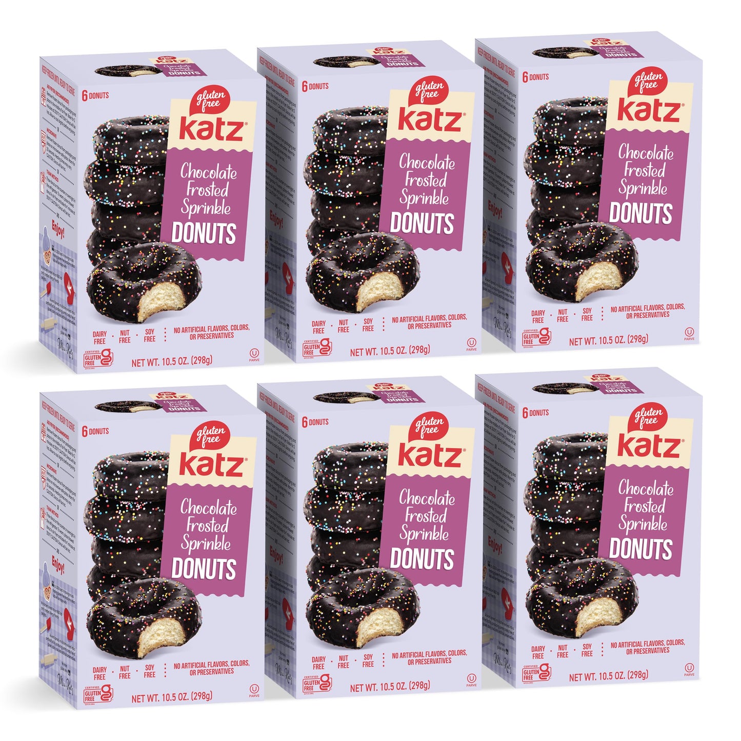 Katz Gluten Free Chocolate Frosted Sprinkle Donuts. No Artificial Color Free of Soy, Sesame, Dairy, and Nuts. Kosher 10.5oz (6pk