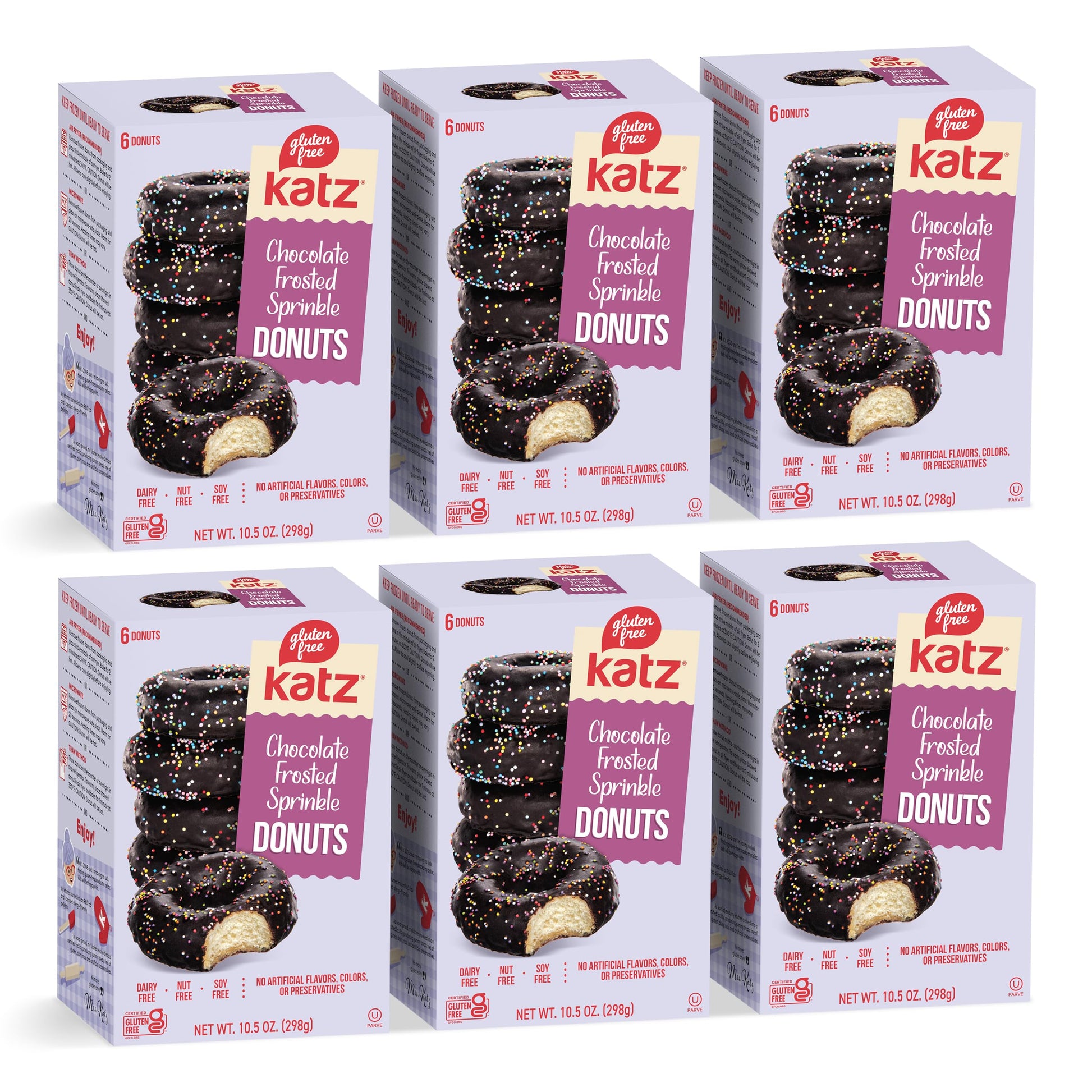 Katz Gluten Free Chocolate Frosted Sprinkle Donuts. No Artificial Color Free of Soy, Sesame, Dairy, and Nuts. Kosher 10.5oz (6pk