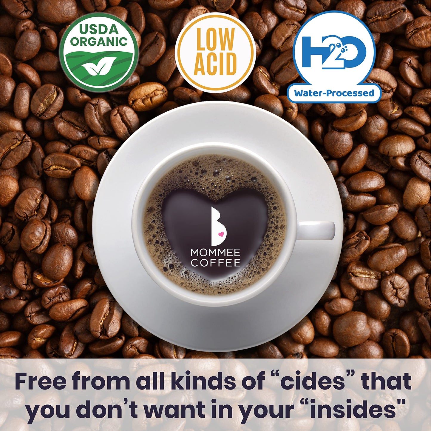 MOMMEE COFFEE Full Caf Low Acid Organic Coffee Beans - 100% Arabica Medium Roast - 11 oz - Purple