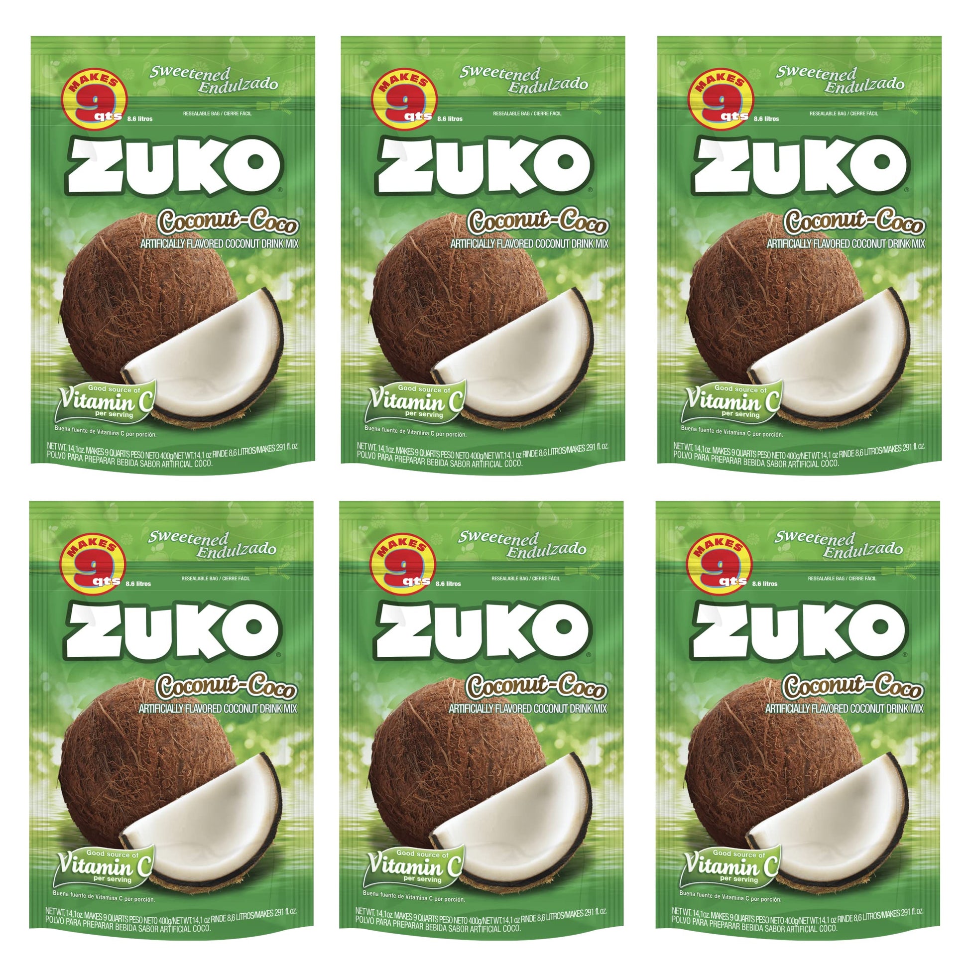 Zuko Coconut Instant Powder Drink | Family Pack | No Sugar Needed | Vitamin C | 14.1 Ounce (Pack Of 6)
