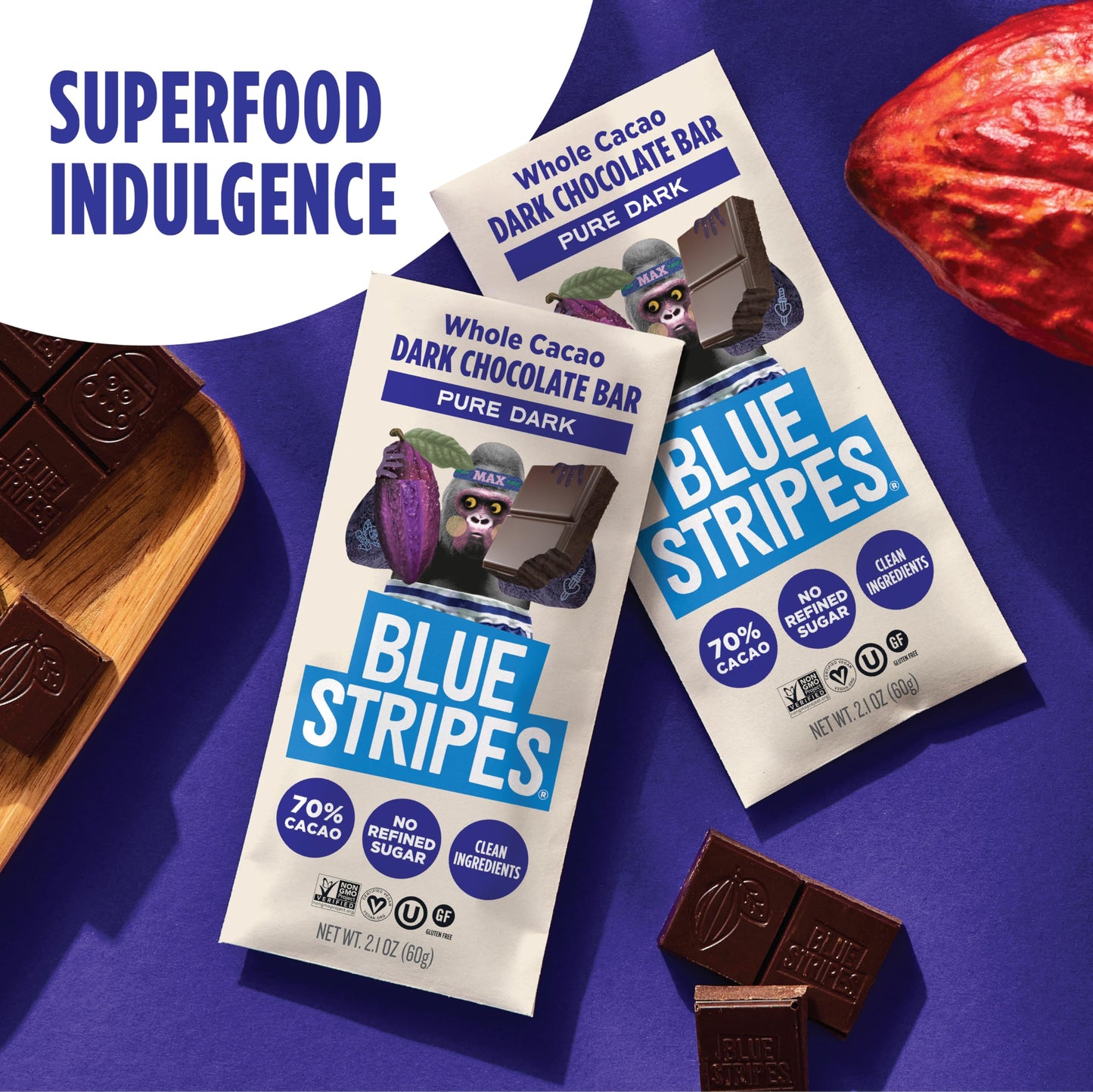 Blue Stripes - Pure Dark Whole Cacao Chocolate Bars, 70% Cacao Bar, Healthy Chocolate, Vegan, No Refined Sugar, Non GMO, Gluten