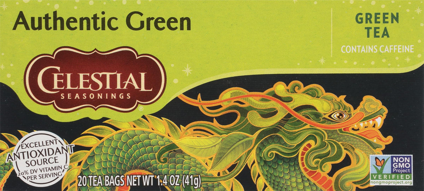 Celestial Seasonings Green Tea, Authentic, 20 Tea Bags, Caffeine, Pack of 6, Natural