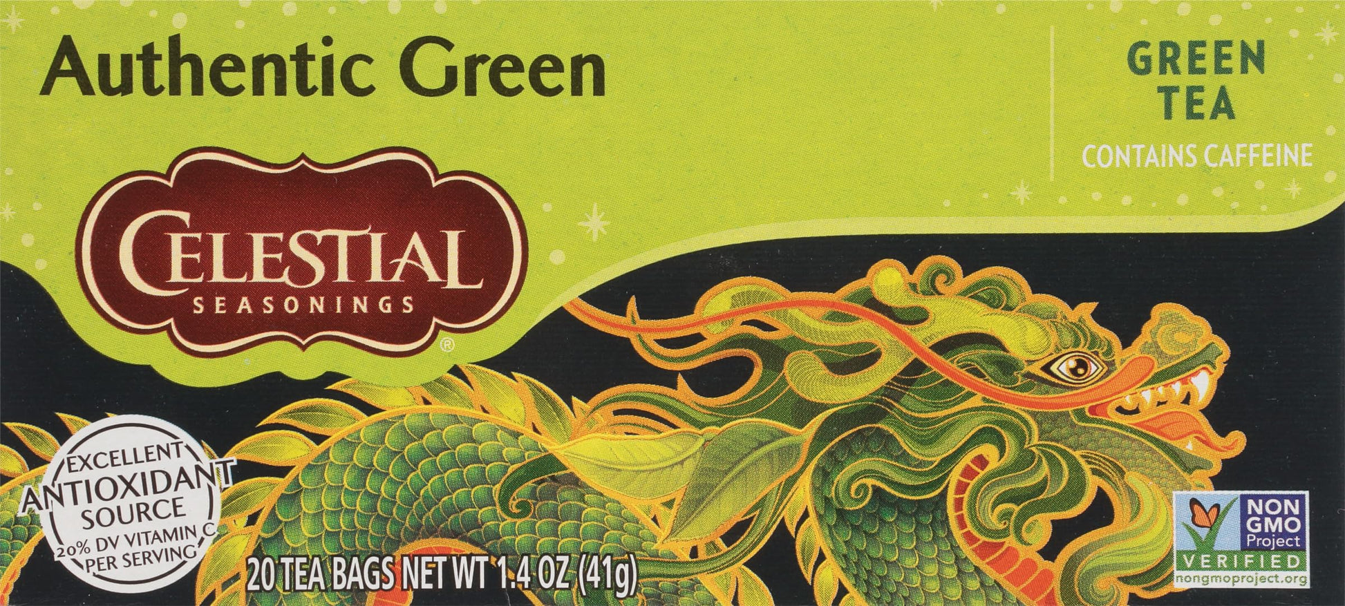 Celestial Seasonings Green Tea, Authentic, 20 Tea Bags, Caffeine, Pack of 6, Natural