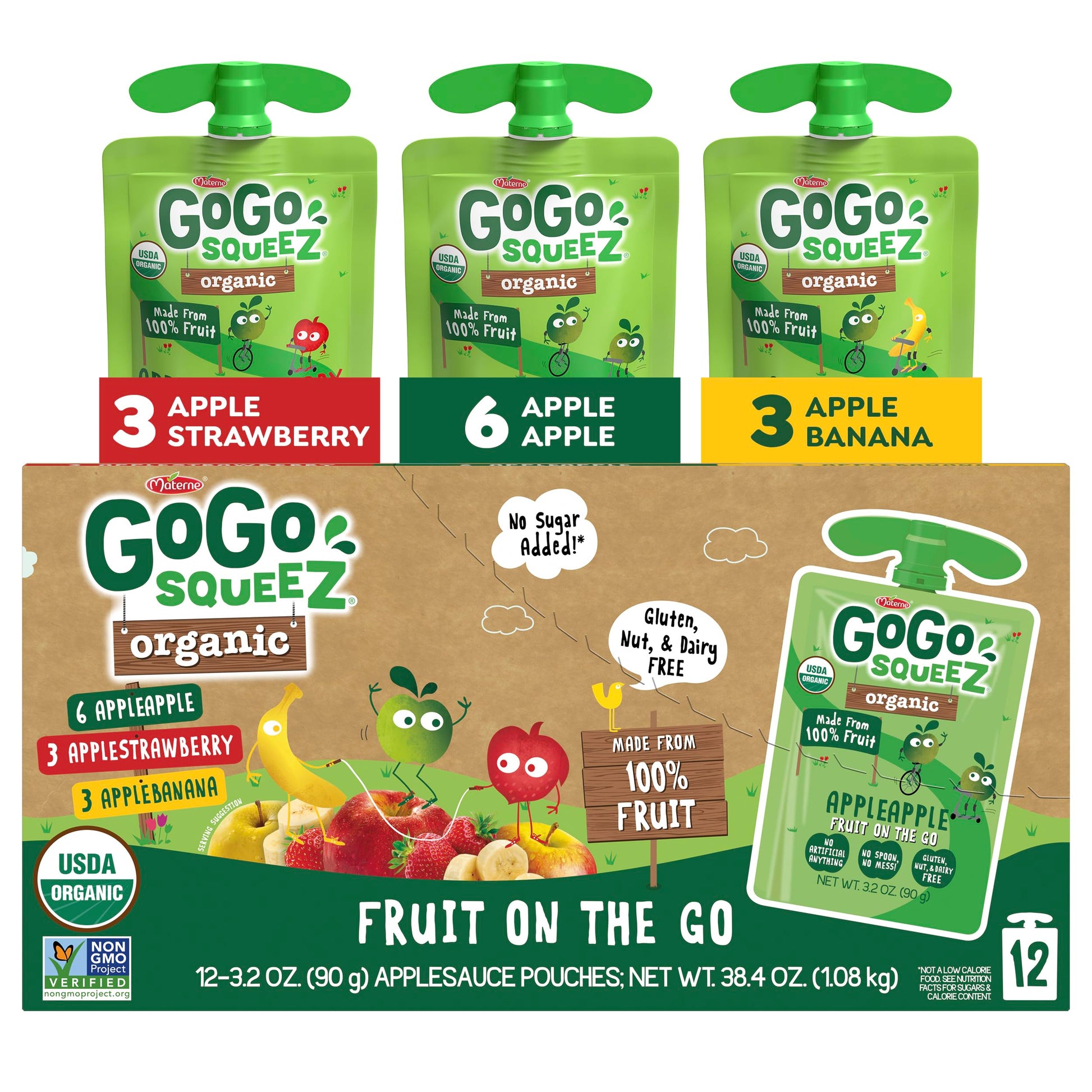 GoGo squeeZ Organic Applesauce and Fruit Puree  Variety Pack  Apple  Strawberry & Banana  3.2 oz (Pack of 12)  Unsweetened Organic Fruit Snacks for Kids  No Gluten  Nut & Dairy  BPA Free Pouches