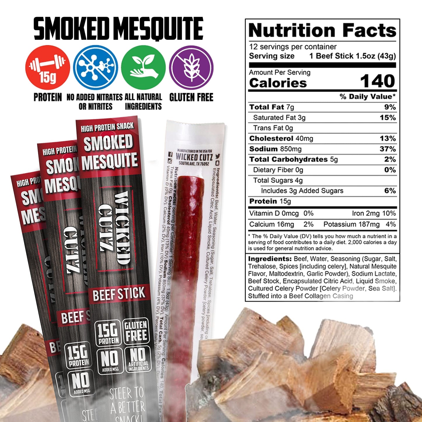 Wicked Cutz Smoked Mesquite Beef Sticks, High Protein, 15g Protein, 1.5 Ounce (Pack of 12)