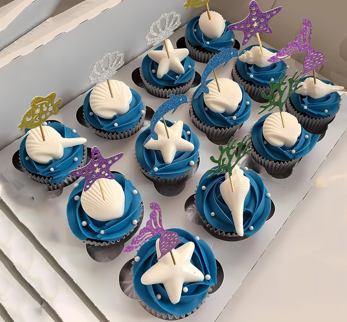 Mermaid Birthday Cake Toppers Set - Sparkling Ocean Theme Decor With Happy Birthday Topper And 12 Colorful Mermaid Cupcake Picks