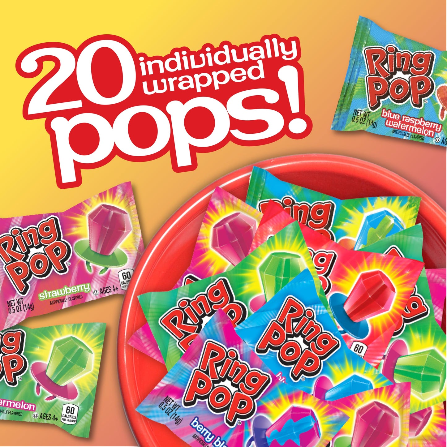 Ring Pop Bulk Candy Lollipop Variety Party Pack -20 Count Lollipops w/ Assorted Flavors - Fun Candy For Birthdays, Party Favors,