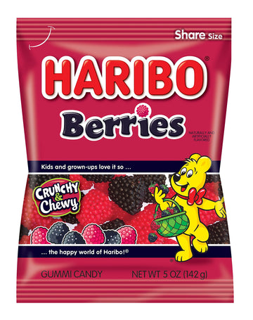 Haribo Gummi Candy, Berries Gummy Candy, 5 Ounce Share Size Bags (Pack Of 12) Delicious Soft & Crunchy, Chewy Sweet Snacks, Red & Black Berry Fruit Flavor