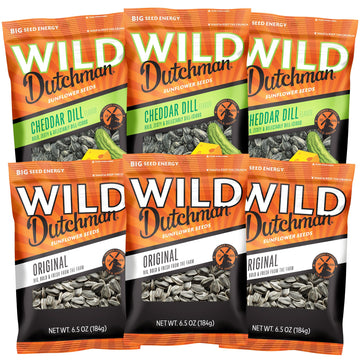 Wild Dutchman Roasted Sunflower Seeds in a Resealable Bag for Ultimate Freshness and an Easy Pour, Original 6.5 oz & Cheddar Dil
