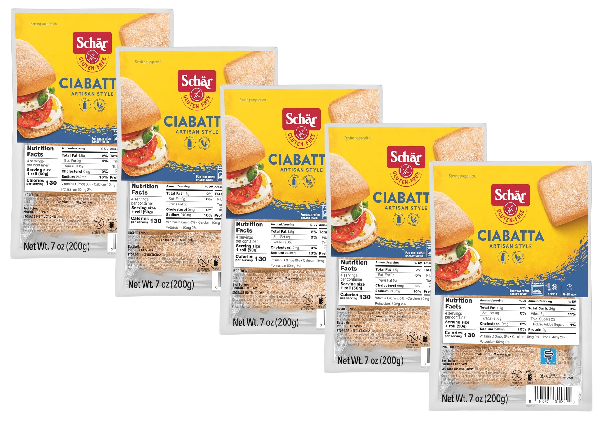 Schr Gluten-Free Ciabatta Rolls, 7oz (5-Pack) - Wheat-Free, Dairy-Free, Non-GMO, Crisp Crust & Soft Interior, Perfect for Sandwi