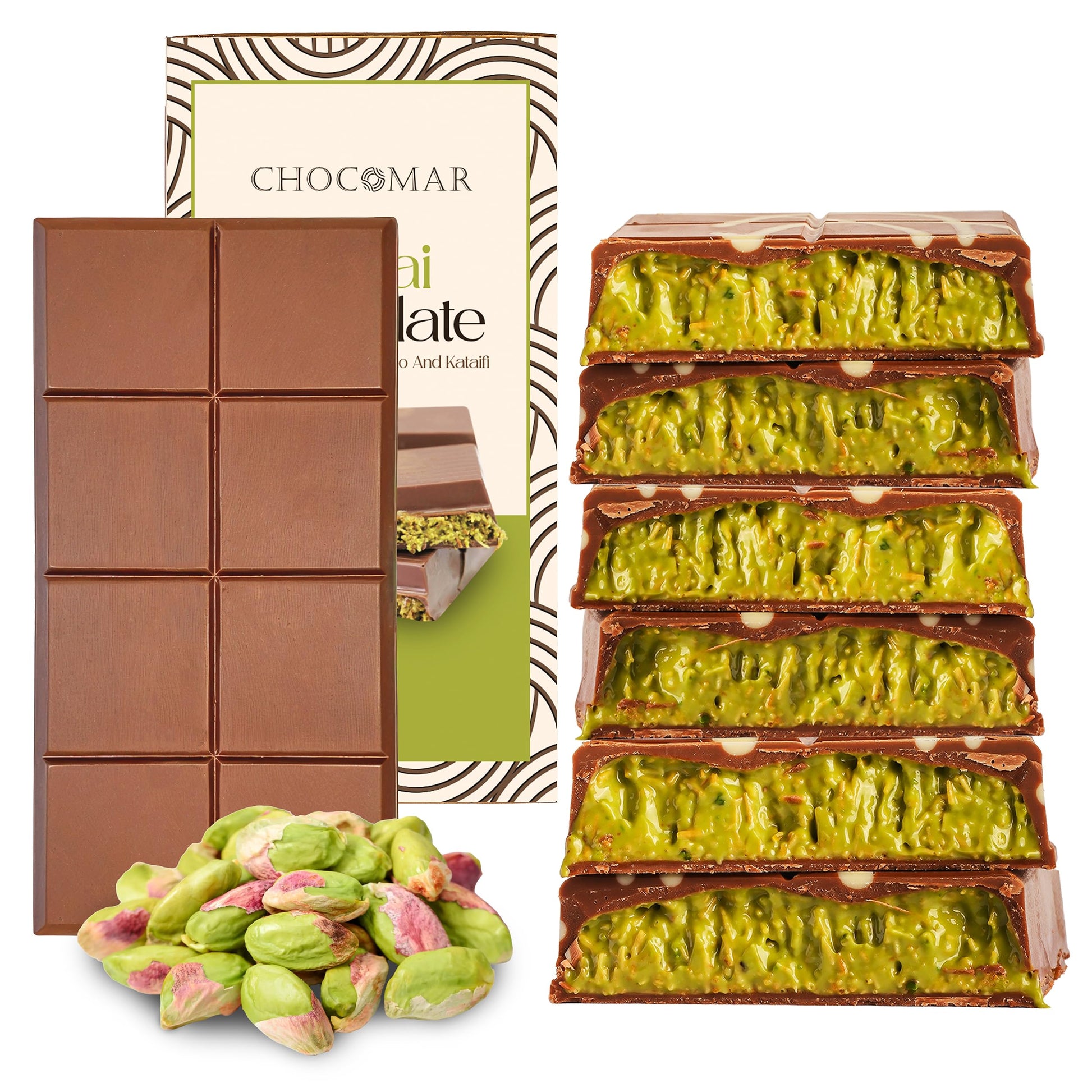 Luxury Dubai Chocolate Bar - Belgian Chocolate Filled with Pistachio Cream  Whole Pistachios & Roasted Kadayif - Gourmet Handmade Sweets (95 Gram/3.35 oz)