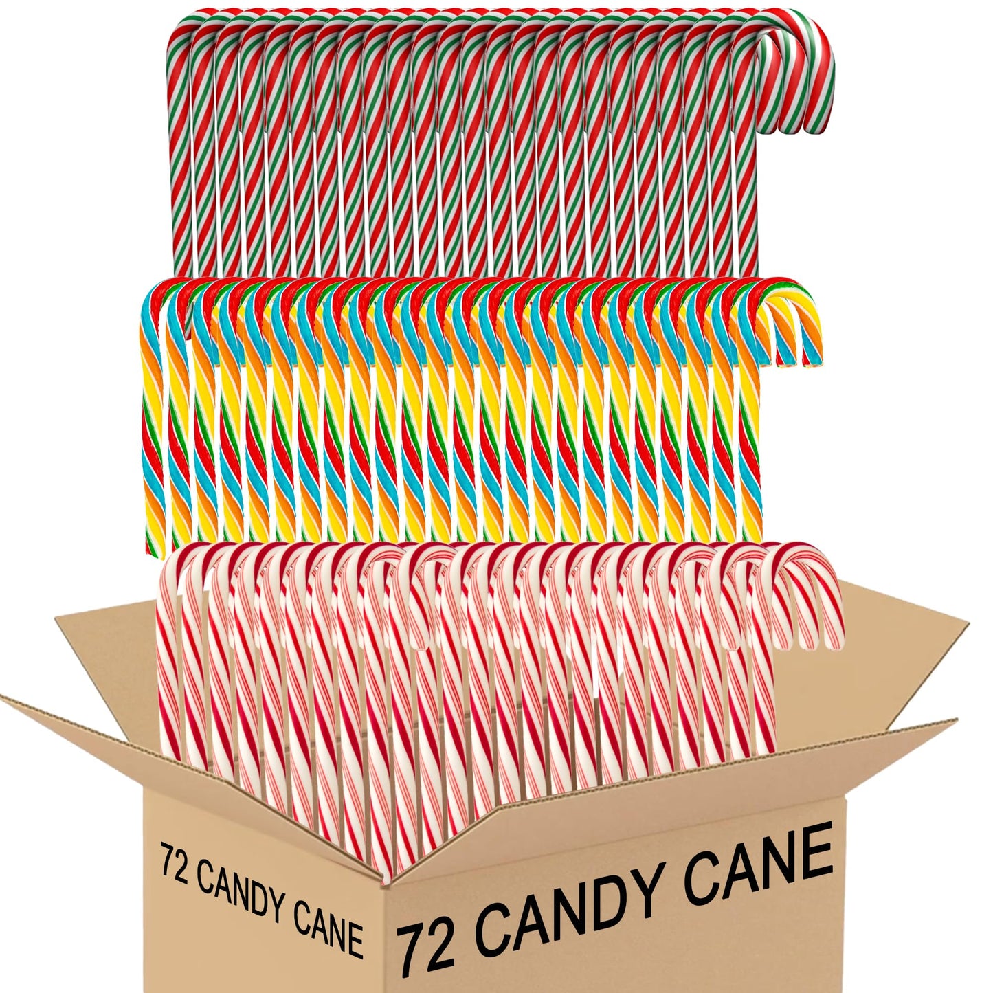 Generic Multicolor Candy Canes - Full Size, 6 Pack (12ct Each), 72 Total - Red Peppermint, Yellow Rainbow Cherry, Green & White