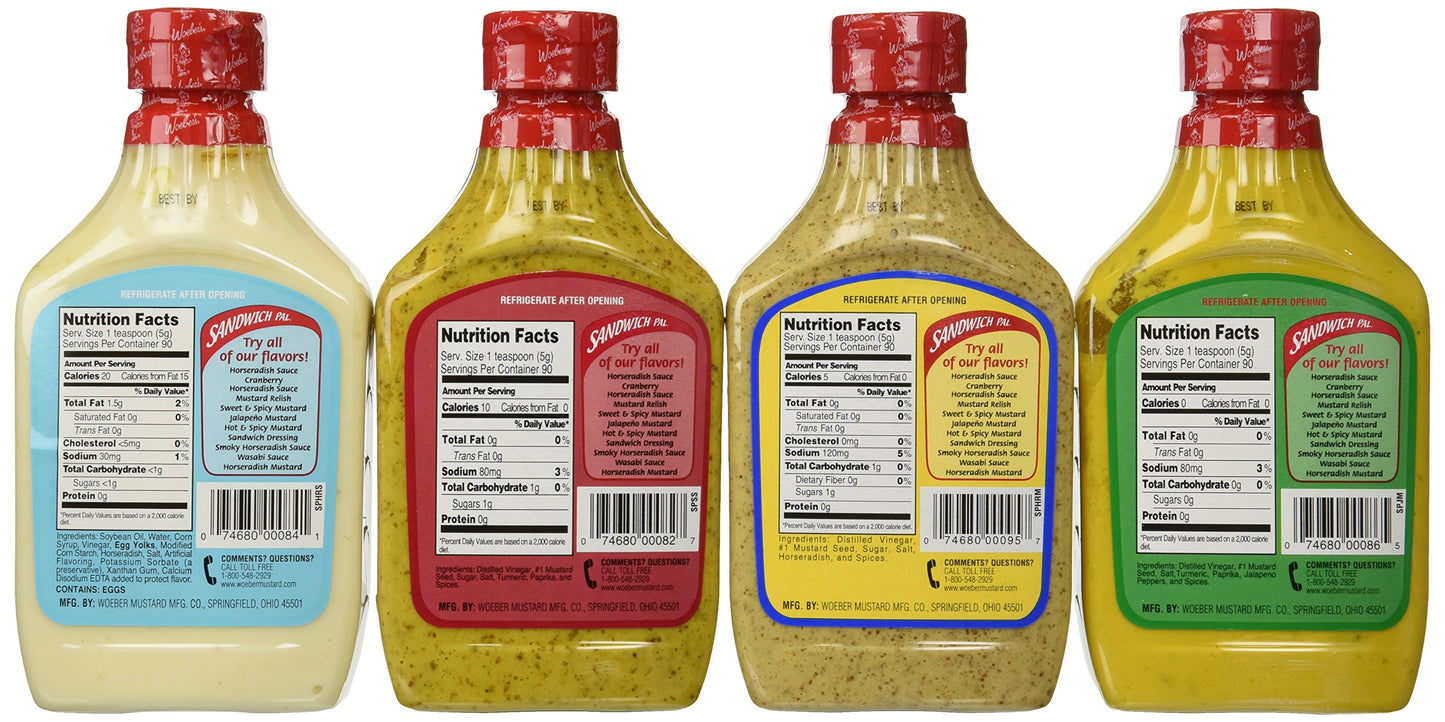 Woeber'S Sandwich Pal 4 Flavor Variety Bundle: (1) Woeber'S Horseradish Mustard, (1) Woeber'S Sweet & Spicy Mustard, (1) Woeber'