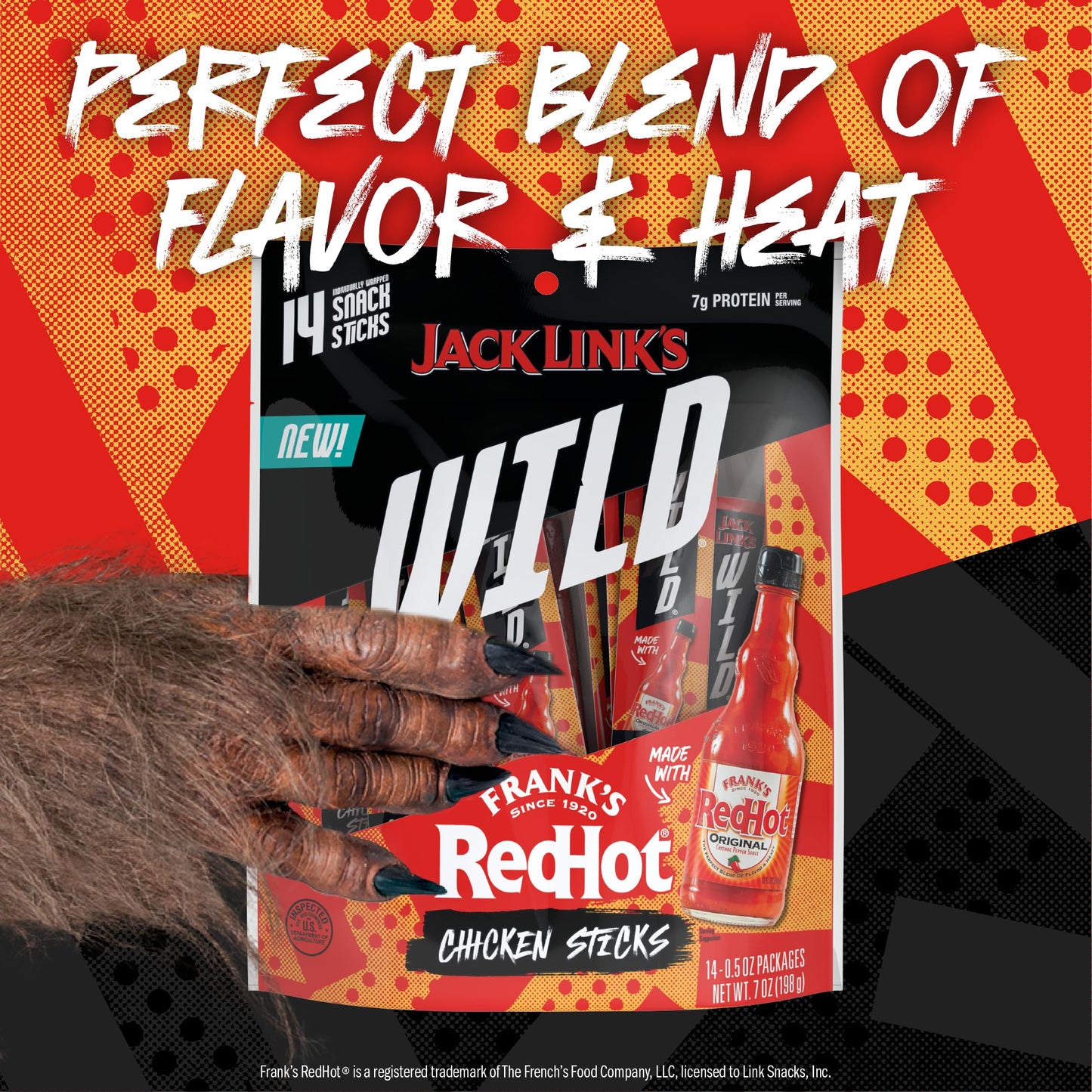 Jack Link's Wild Mini Chicken Sticks, Frank's RedHot Flavor, 7g Protein, 0.5 Oz (14 Count), Keto & Paleo Friendly, On-The-Go Snack