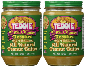 Teddie All Natural Peanut Butter, Super Chunky Unsalted 2Pk, Gluten Free & Vegan, 16 Ounce (Super Chunky Unsalted, Pack Of 2)