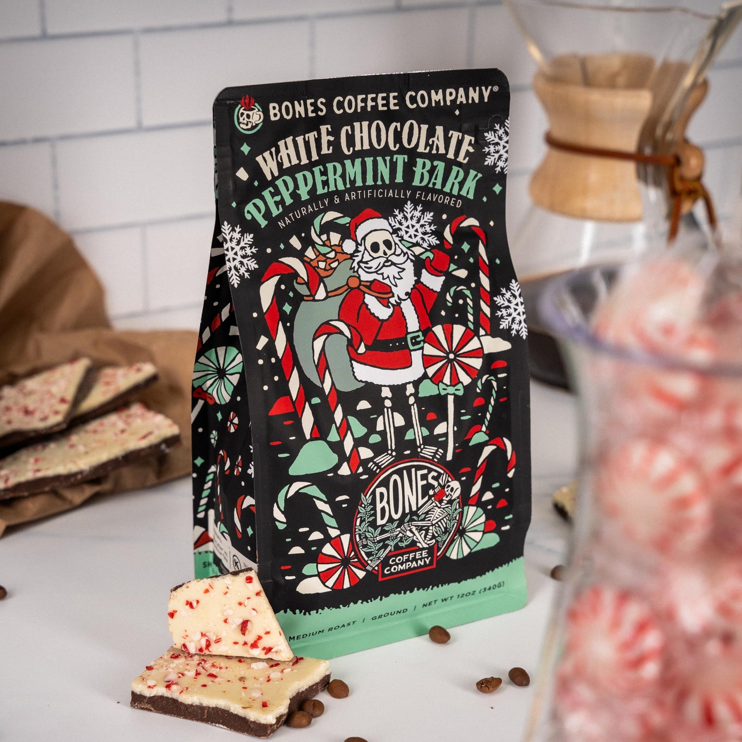 Bones Coffee Company White Chocolate Peppermint Bark Flavored Coffee  Medium Roast Low Acid Arabica Beans Compatible with Auto drip and French Press Coffee Maker  12 Oz Ground